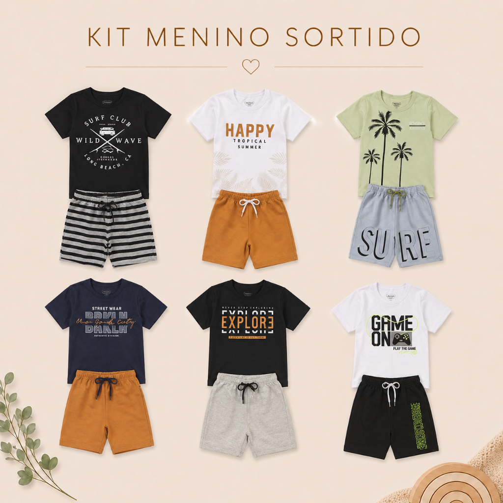 KIT SORTIDO 10 PEÇAS DE ROUPA INFANTIL MENINO CONJUNTO DE VERÃO 5 CAMISETAS 5 BERMUDAS