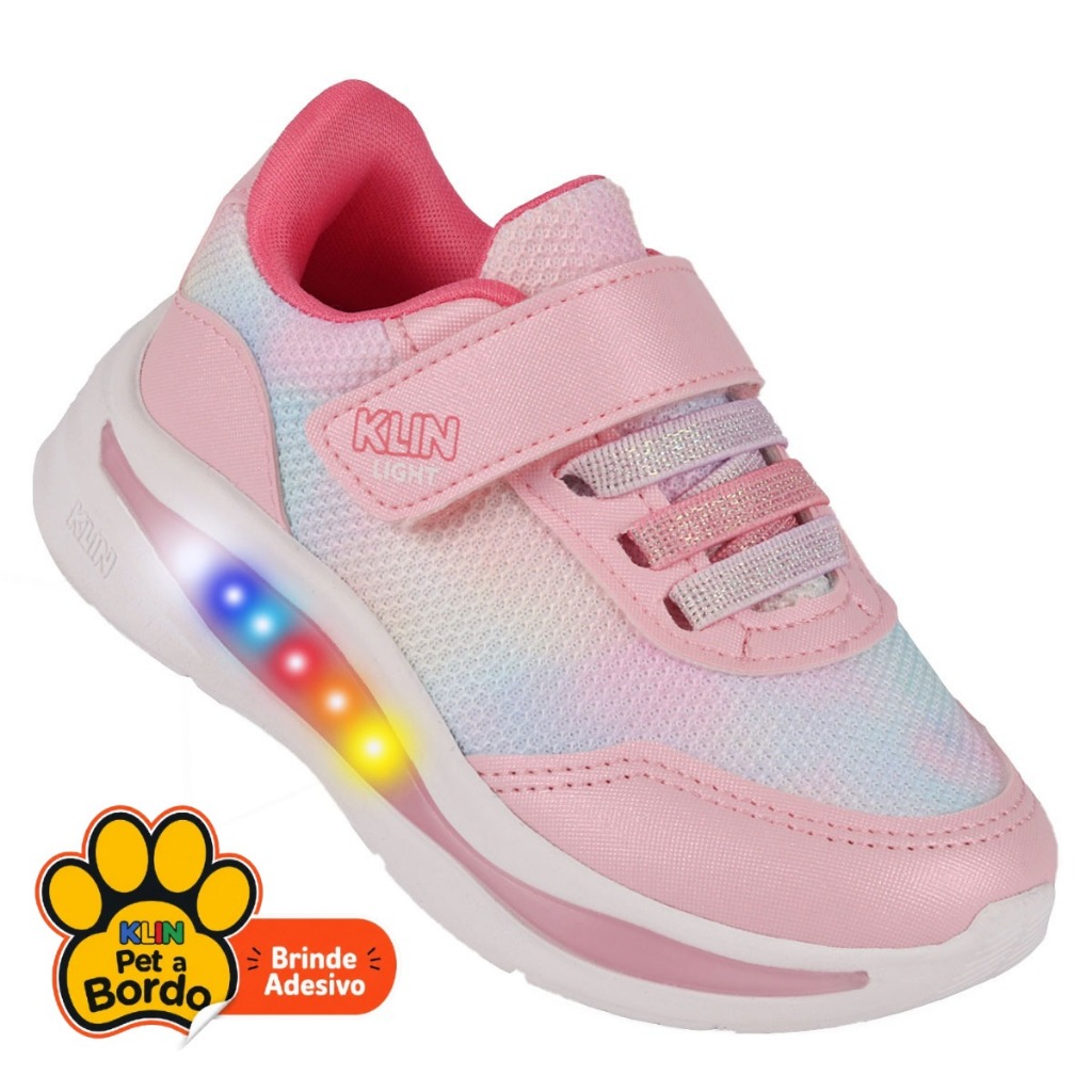 Tênis Infantil Menina Klin Flash com LED e Fechamento com Tira Dupla aderência - Rosa Tie-Dye