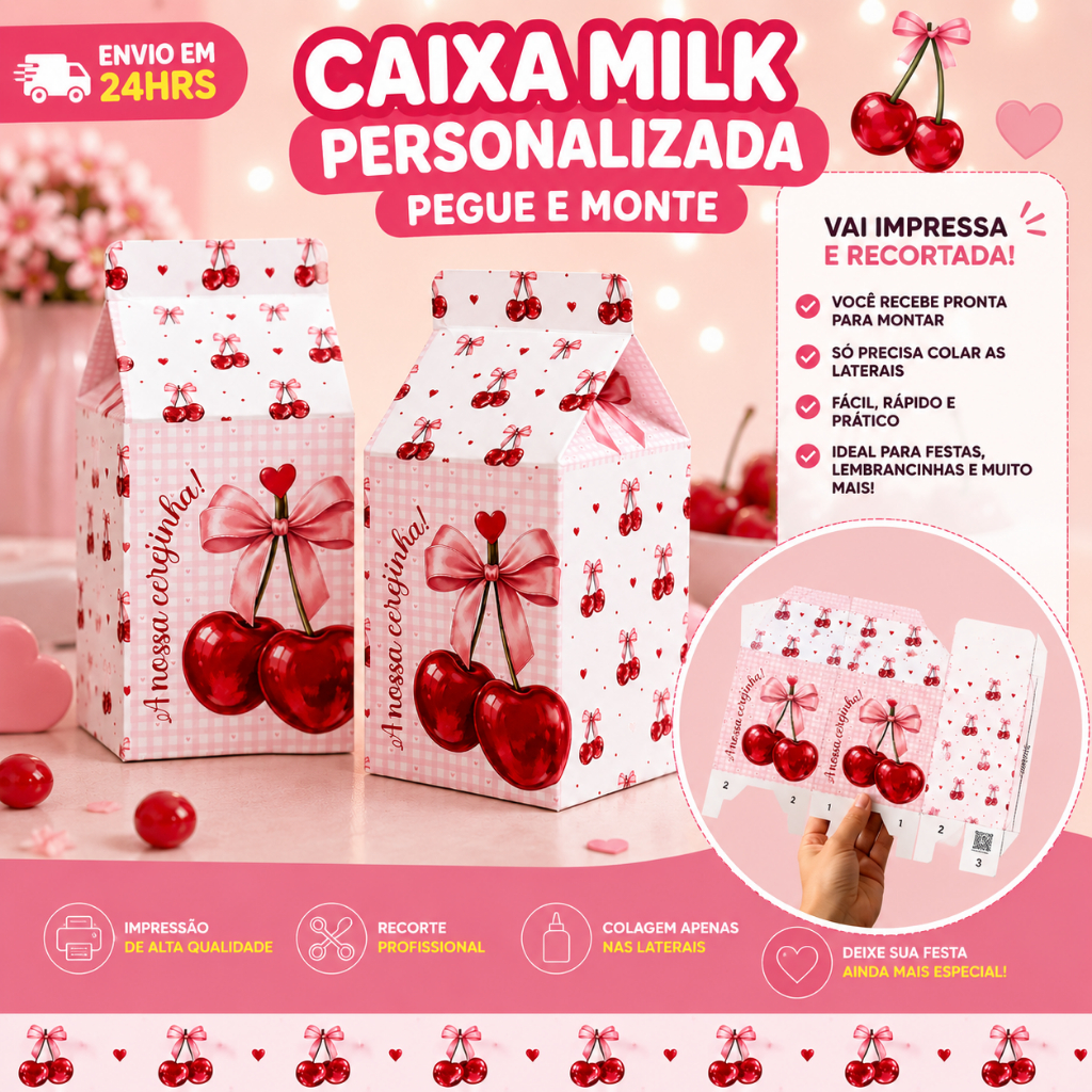 Kit 10 Caixa Milk Cerejinha Personalizados /Lembrancinha de Festa /Aniversário / PEGUE E MONTE