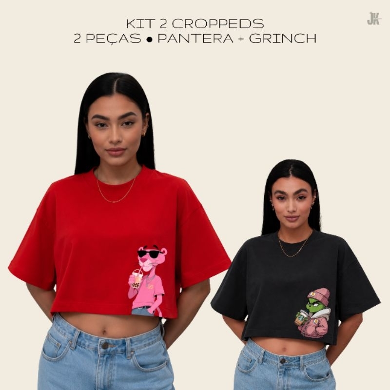 Kit 2 Cropped Oversized Feminino 100% Algodão Streetwear Estampado Envio Rápido Promoção P ao GG