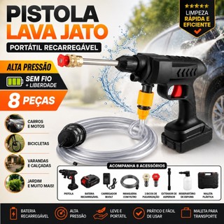 Lavadora Lava Jato Portátil Recarregável Alta Pressão 8 Acessórios para Limpeza de Carro, Moto, Casa e Jardim