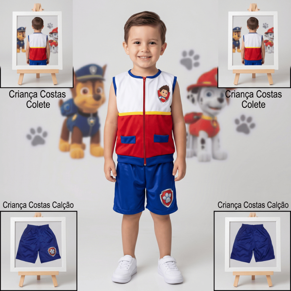 Fantasia infantil Menino Ryder da Patrulha Canina Conjunto Colete + Short Veste 2 á 8 anos
