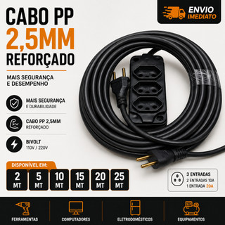 Extensão  20A Cabo PP 2x2.5mm 10A Para Ferramentas de Grande Potencia Cabo Para Uso Industrial