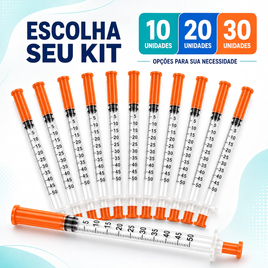 Seringa Insulina 0,5ml Fixa Agulha Fina Ultrafina 0,30mm x 8mm Graduada Estéril Descartável 50ui
