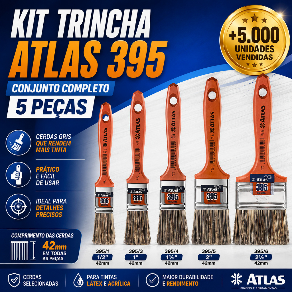 Kit 5 Pincéis Trinchas Atlas 395 Pincel Látex P/ Pintura de Parede Acabamento