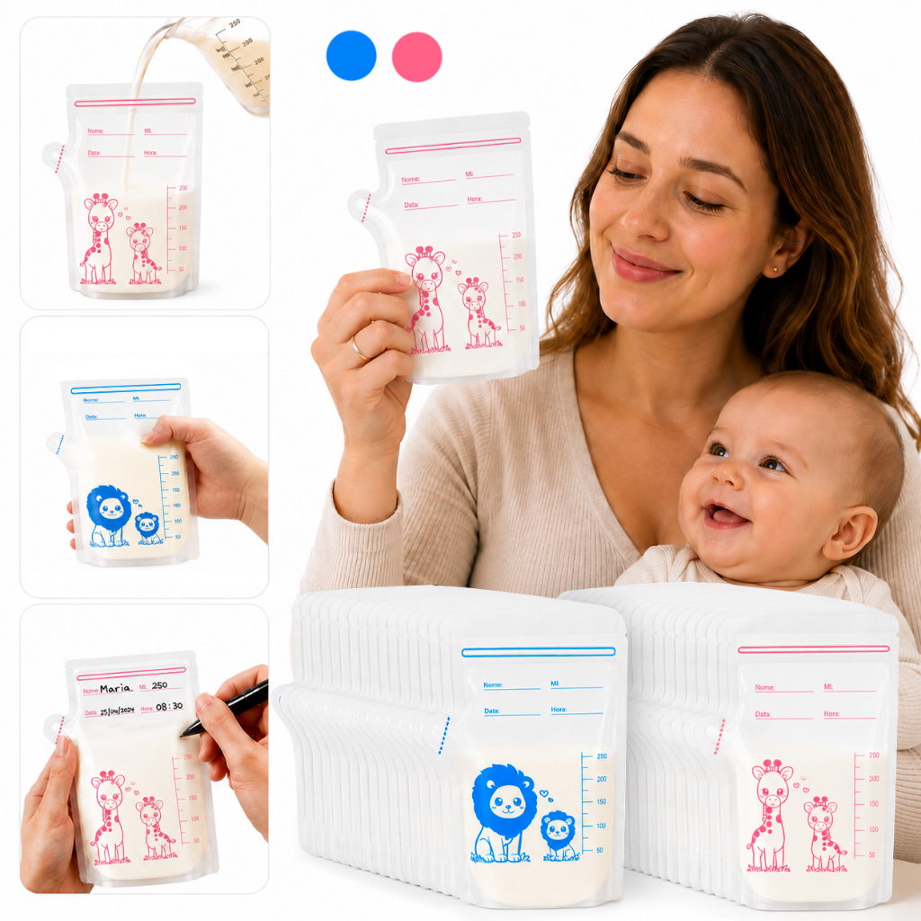 Kit Saquinho Armazenamento Leite Materno Rosa e Azul Saco para Coleta Conservação e Congelamento maternidade amamentação