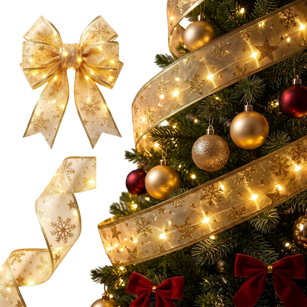 Fita De Natal 10 Metors Led Cetim Laços Fitas Dupla Pisca Pisca Árvore Decoração Enfeites Natalinos Arame De Cobre