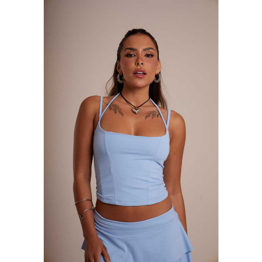 Corset Azul Feminino Alça Dupla Poliamida Moda Gringa Justinha Regata