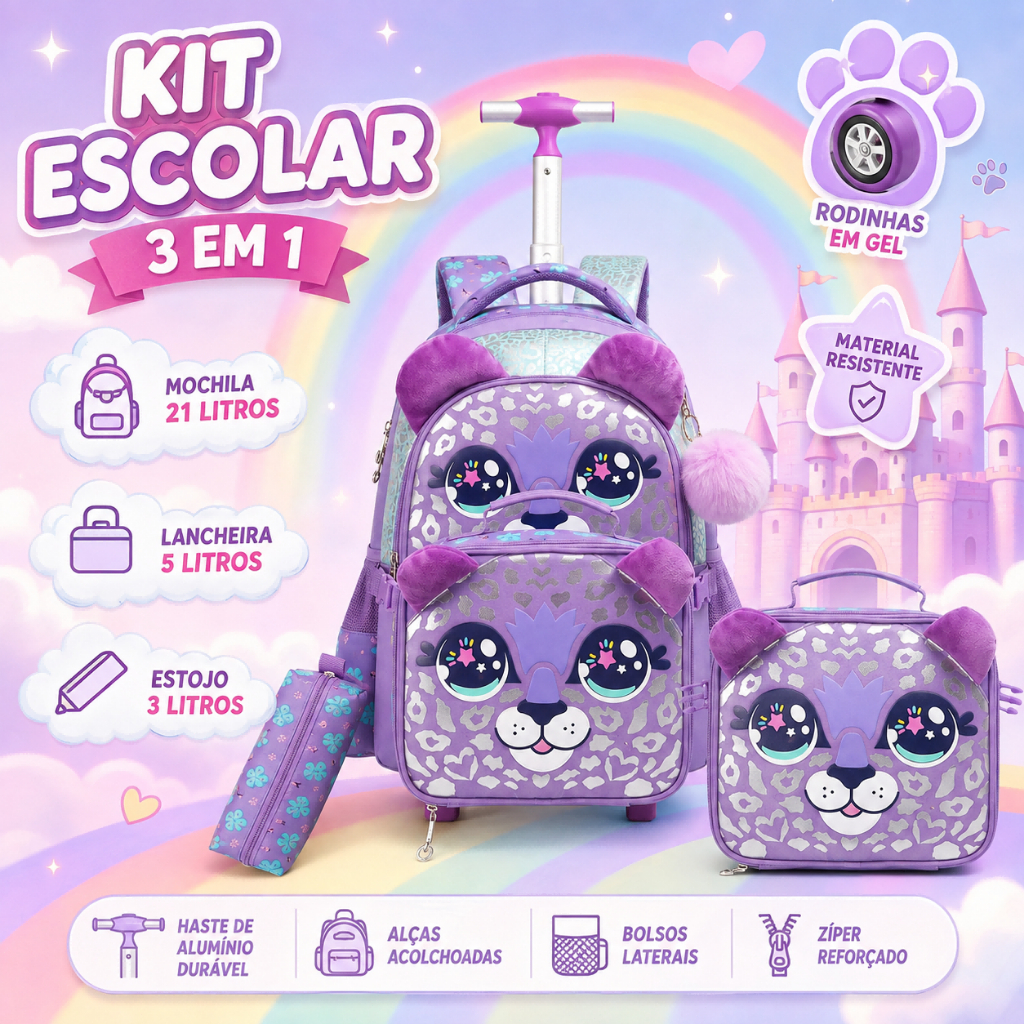 Kit Mochila Escolar Lequeen Gatinho Infantil Lancheira Rodinha Carrinho