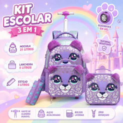 Kit Mochila Escolar Lequeen Gatinho Infantil Lancheira Rodinha Carrinho