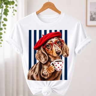 Camiseta Feminina Dachshund Fashion 100% Algodão Estampa Cachorro e Cafe Premium