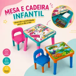 Mesinha Infantil De Atividades Mesa com Tampa Organizadora E Cadeira Unicornio e Dino