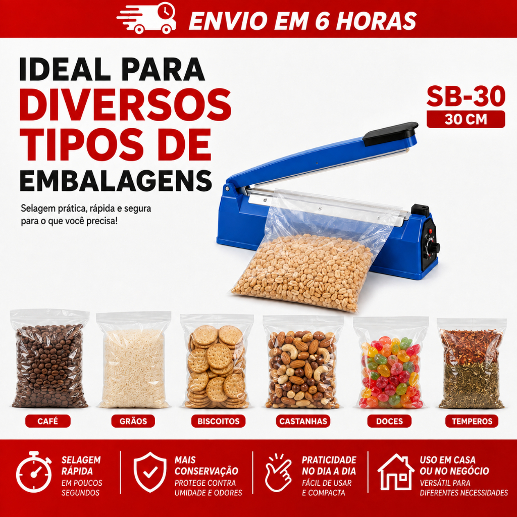 Seladora Manual 30cm Para Plástico Vedação Embalagem 110v ou 220V com 8 Níveis