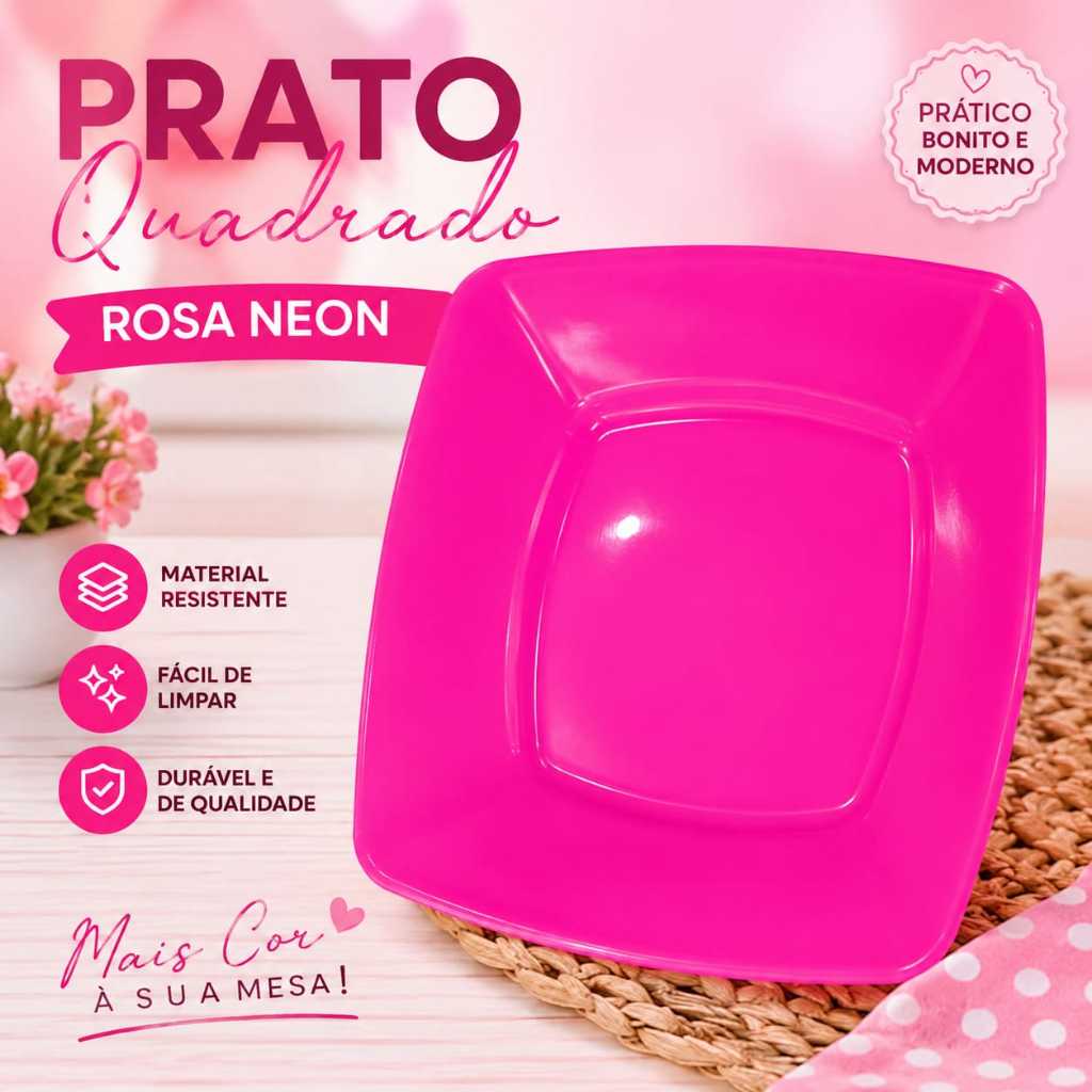 Kit 10 Pratos Refeição Quadrado( ROSA NEON )Plástico Resistente churrasco festa aniversário eventos