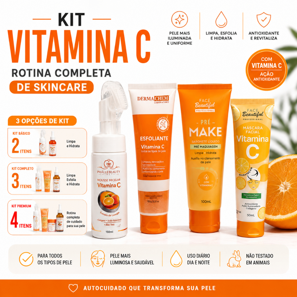 Kit Skincare Vitamina C Completo Clareador Facial Sabonete Esfoliante Sérum Máscara Hidratante
