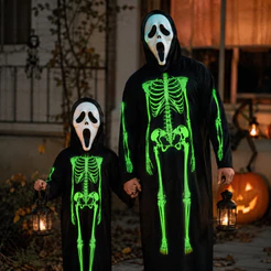 Fantasia Esqueleto Neon Caveira Fluorescente Brilha no Escuro com Máscara Halloween Adulto Infantil Dia Bruxas Pânico