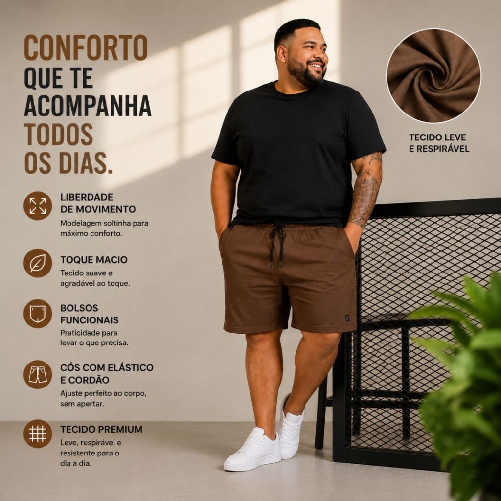 Bermuda Plus Size Masculina Cós Elástico com Cordão G1 ao G3