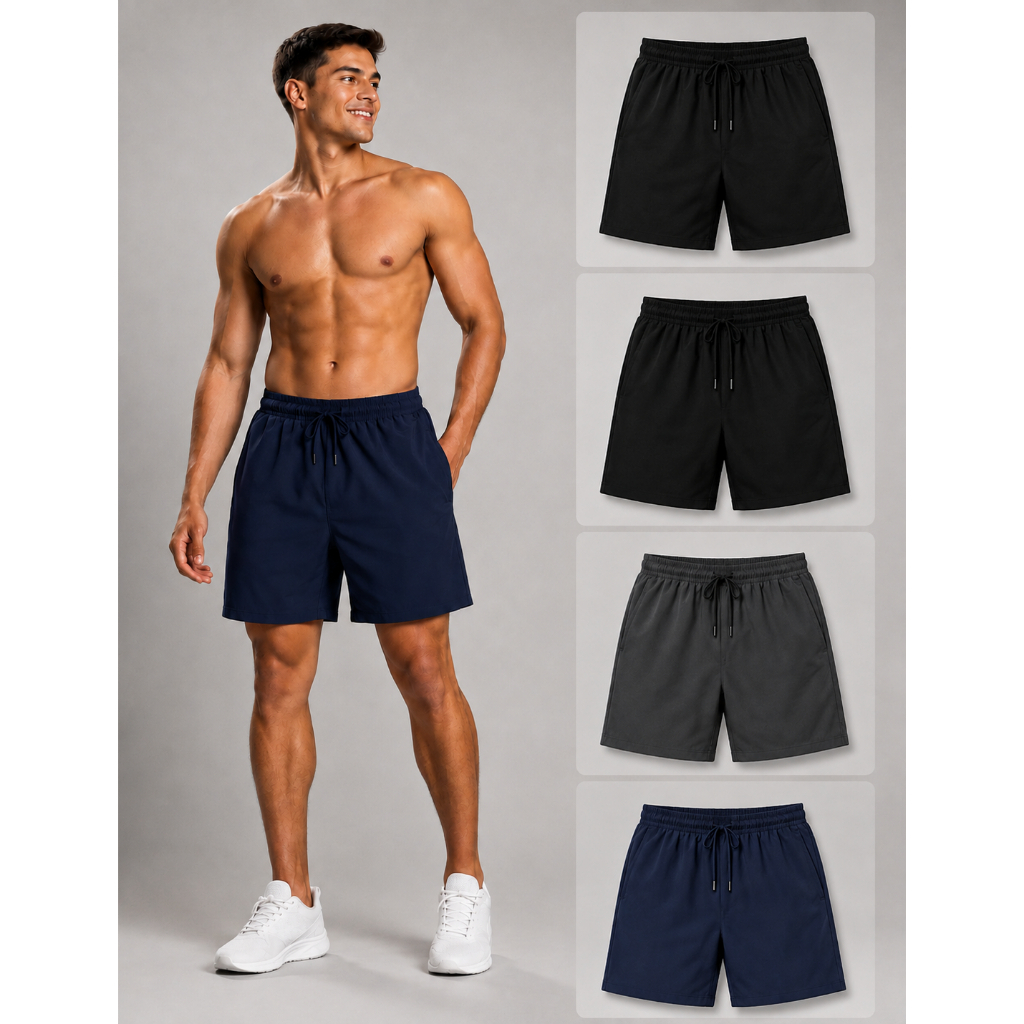 Kit 4 Short Bermudas Masculinas Tactel com Elastano 2 Bolsos Cós Elástico Cordão Academia Praia P ao GG