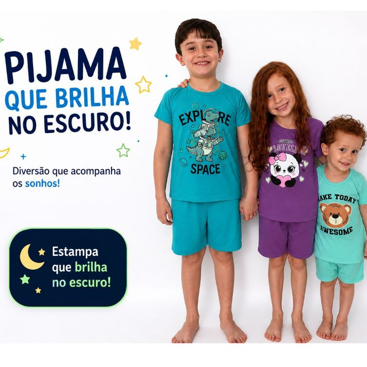 ✨🌙Pijama Infantil Brilha no Escuro Menino Menina Estampa Divertida Confortável ✨🌙