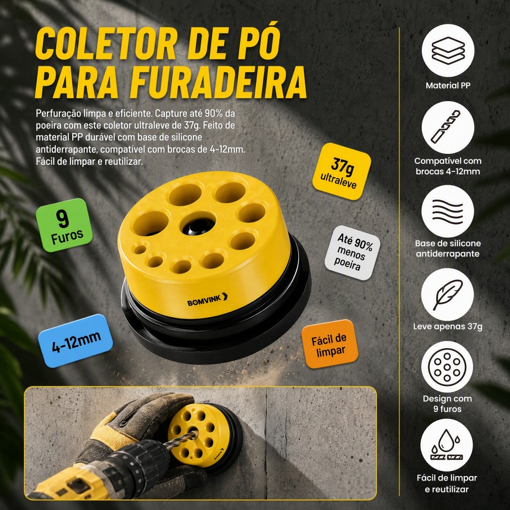 Coletor de Pó para Furadeira Compatível com Brocas 4-12mm Antiderrapante Reutilizável