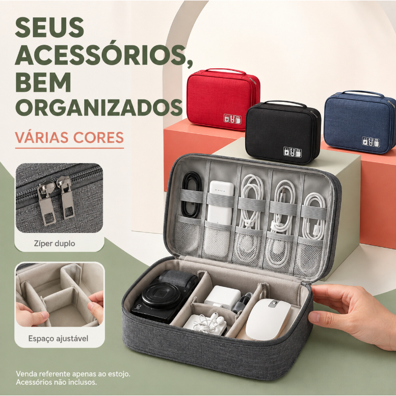 Estojo Organizador Digital Portátil e Impermeável para Viagem, Cabos USB, Carregadores, Mouse, Câmera e Eletrônicos