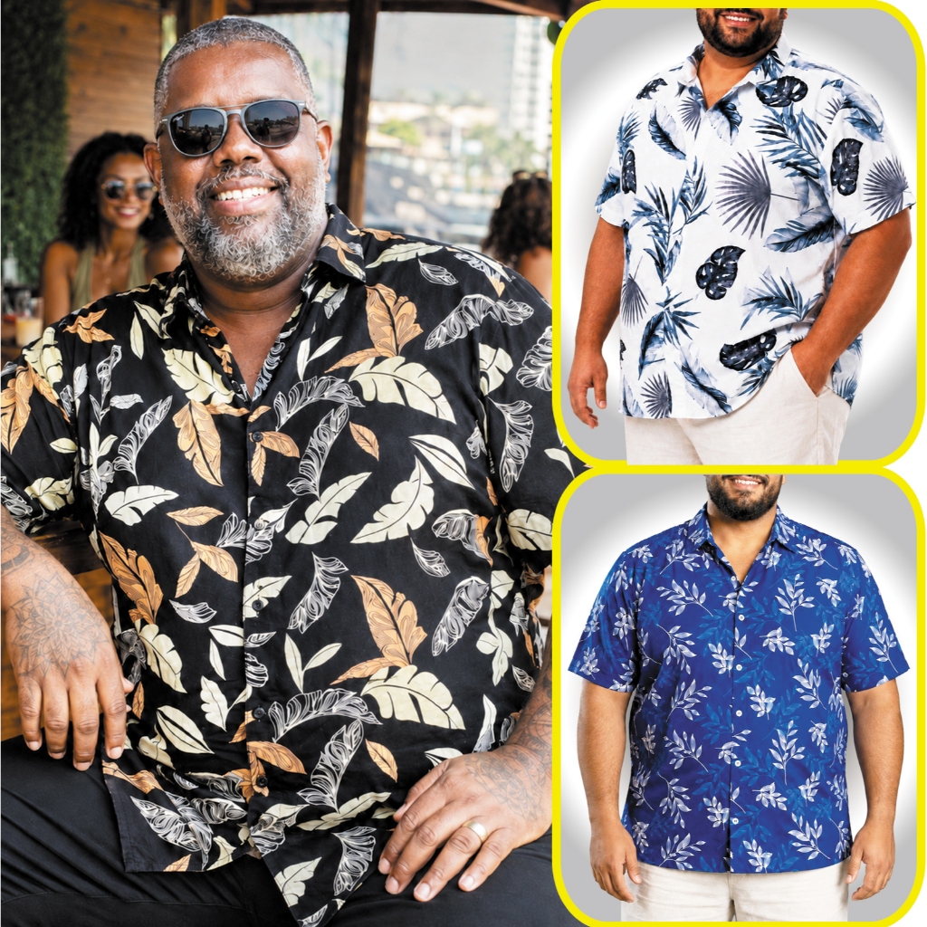 Camisa Masculina Plus Size Floral Estampada Social Blusa Homem Curta XXG G1 G2 G3 G4 Branca Preta