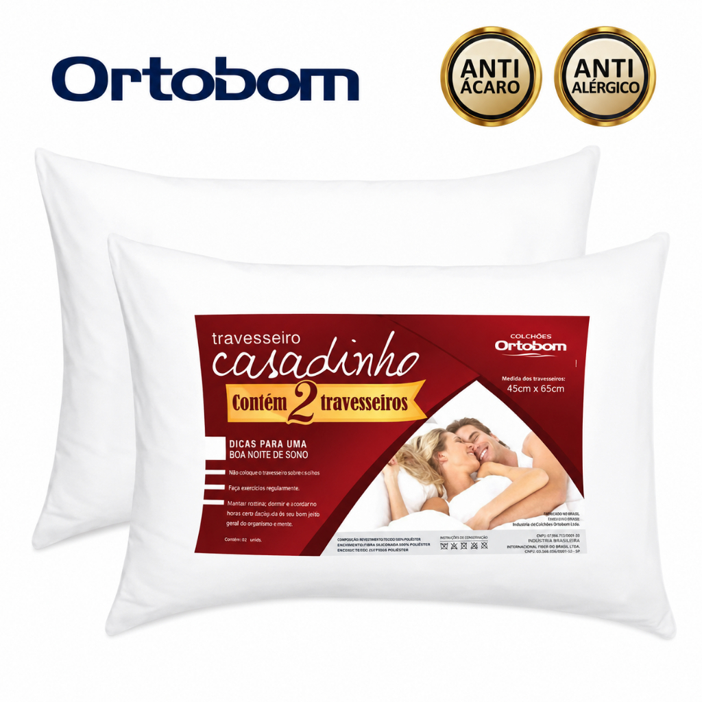 Travesseiros Ortobom Casadinho 65x45cm – Fibra Siliconada Antialérgica e Antiácaro