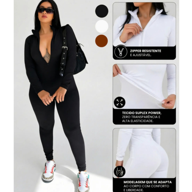Macacão Feminino Longo Com Ziper Moda Gringa Balada Virginia Blogueira Suplex Gringo Fitnes Academia