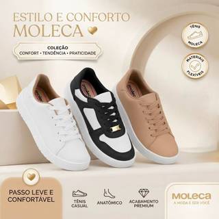 Tênis Feminino Branco Casual Conforto Acolchoado Macio Moleca 5791 Original