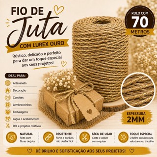 Fio de Juta Lurex Dourado para Decoração, Convites, Artesanatos