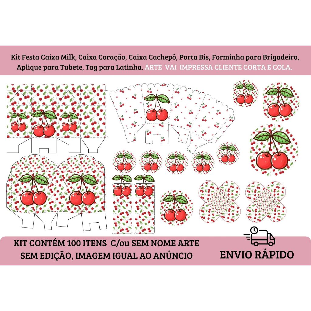 Kit 100 Itens Cerejinha Personalizada Caixinha Lembrancinha para festa infantil mesversário