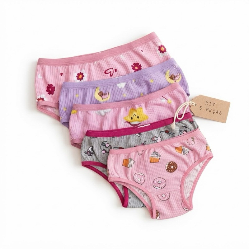 kit com 3 ou 5 Calcinhas Infantil Menina Moça Confortáveis Forro de Algodão Dia a Dia Promoção