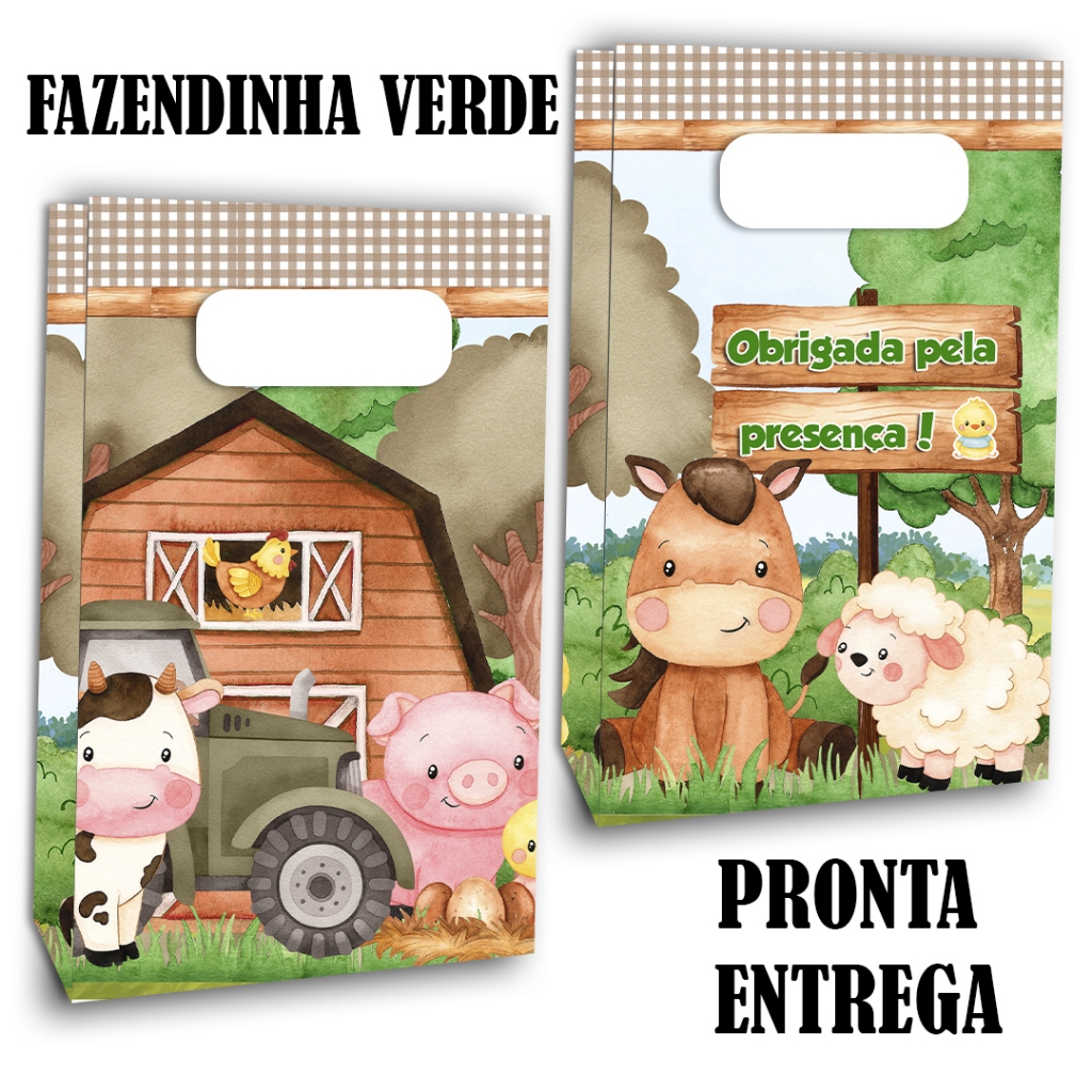 Sacolinha Surpresa Personalizada Lembrancinha Fazendinha Verde e Bege PEGUE E MONTE