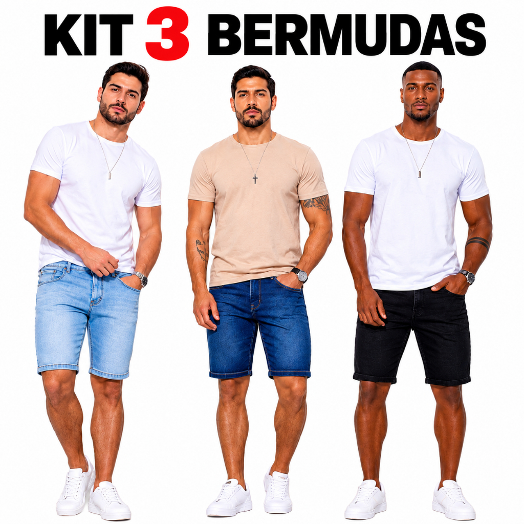 Kit 3 Bermudas Jeans Masculinas com Lycra Elastano Confortável
