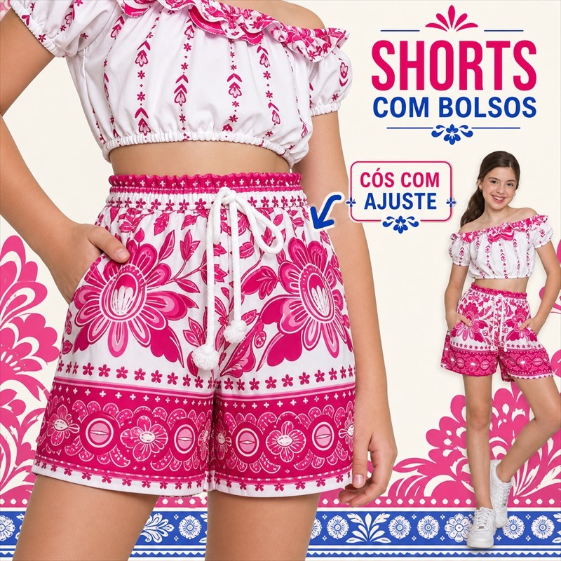 Conjunto Infantil Feminino Juvenil Cropped e Short Estampado – Moda Feminina Tendência Verão, Look Casual Confortável