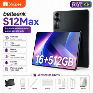 belteenk Com Teclado e Mouse Grátis | Tablet S12Max: 16GB RAM 512GB | Android 16 | Tela 11.6" HD | 5G | Bateria 8800mAh