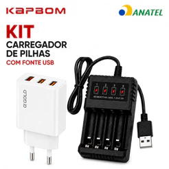 Carregador de Pilhas Recarregáveis AA/AAA 4 Slots Bivolt Kapbom + Fonte Carregador A'Gold 3 Entradas USB