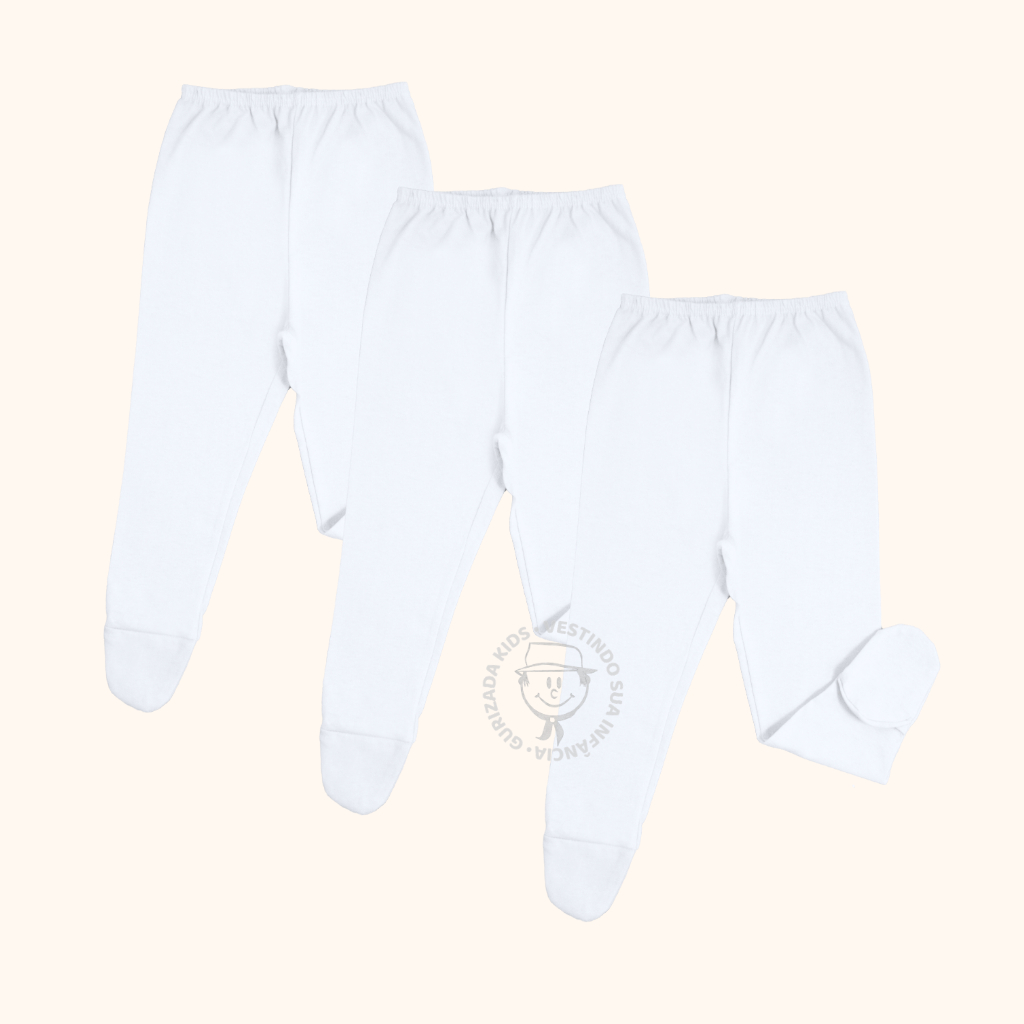 Kit 3 peças - Mijão/Calça Bebê Suedine Branco Com Pé Anatômico - RN ao GG