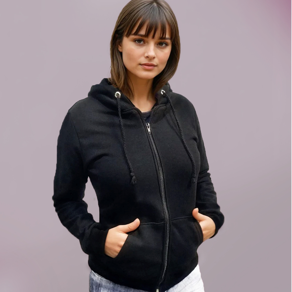 Blusa De Frio Feminina Aberta De Ziper E Capuz Sem Estampa