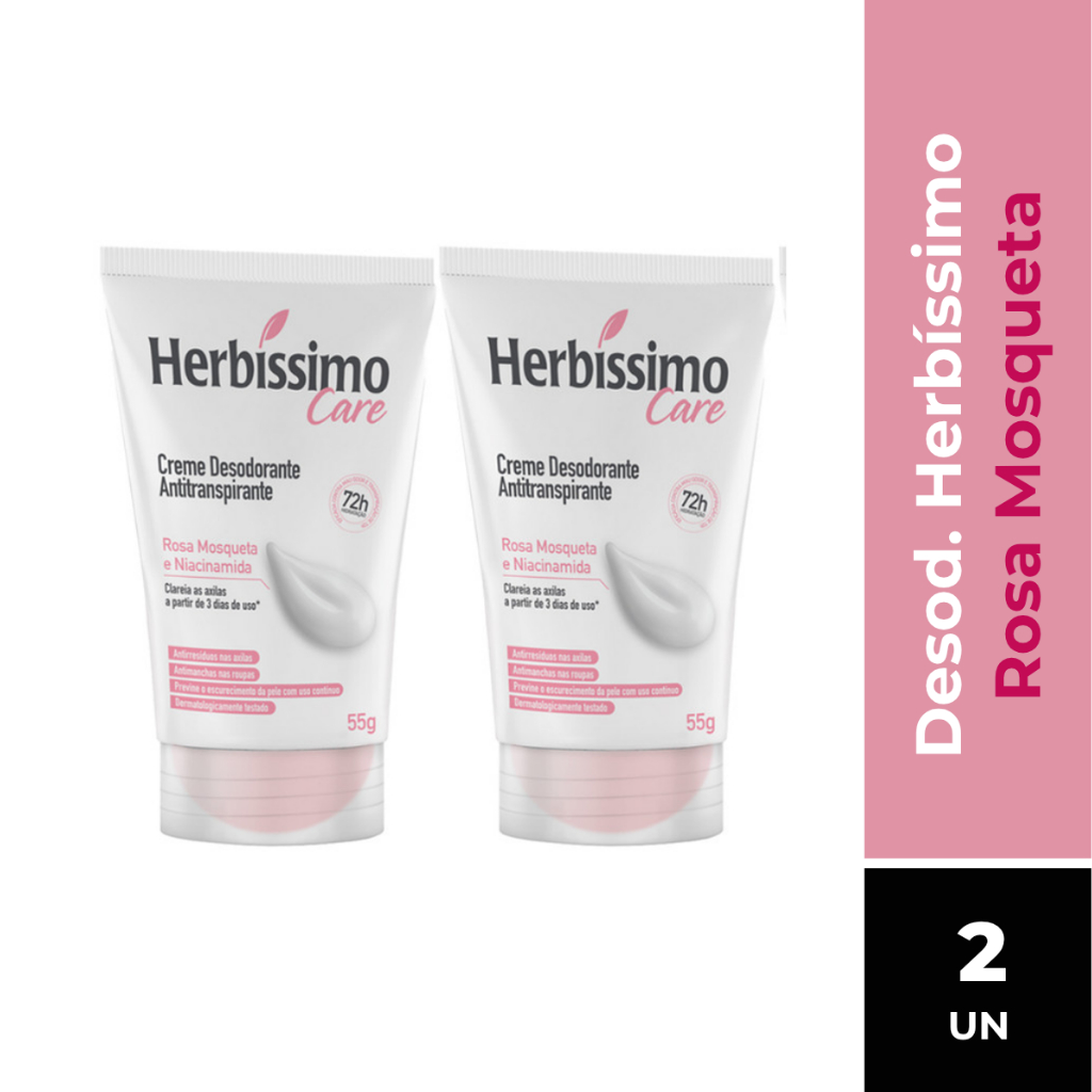 Kit C/2 Creme Desodorante Antitranspirante Herbíssimo Care Rosa Mosqueta e Niacinamida 55g
