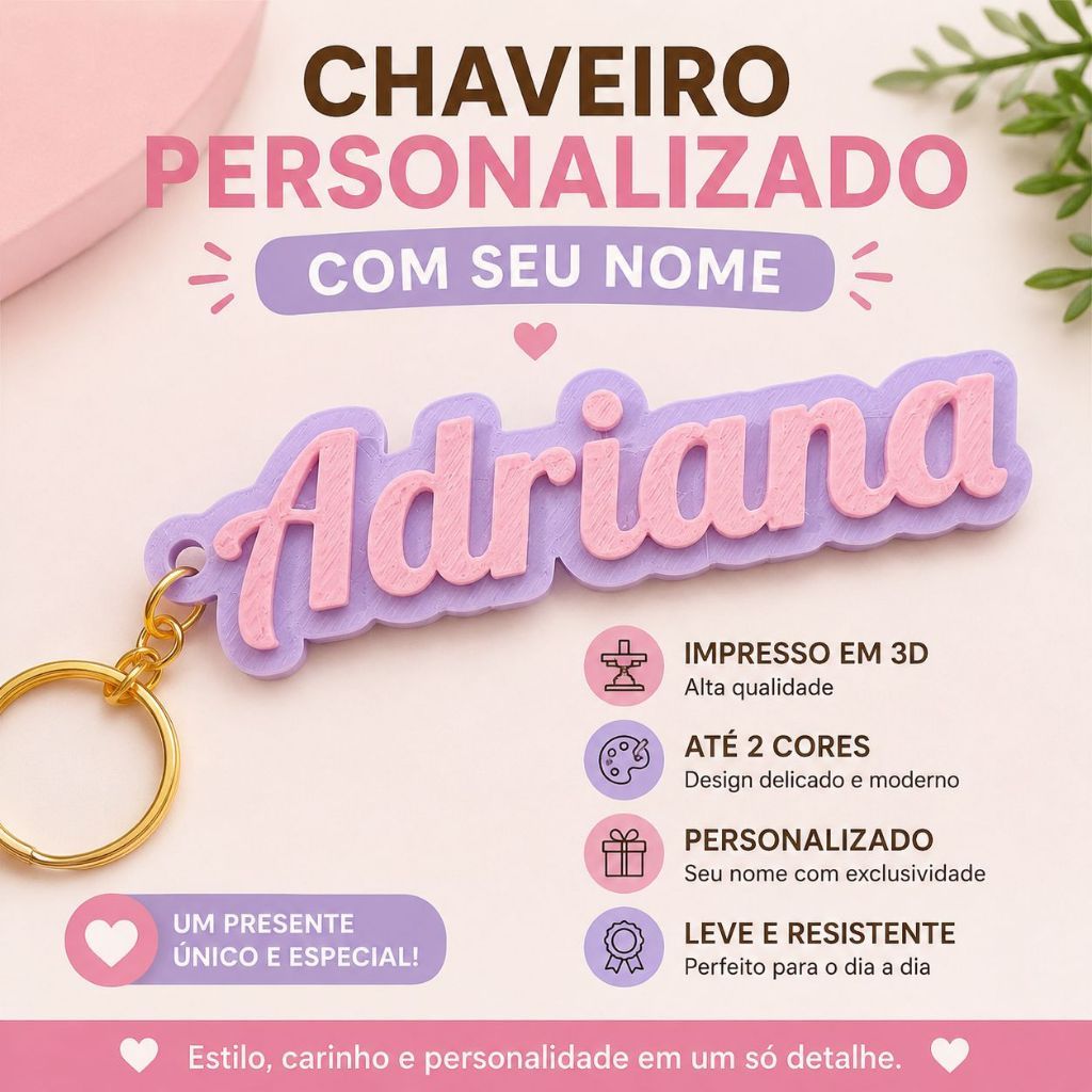 Chaveiro Personalizado com Nome em Impressão 3D | Chaveiro com Nome Feminino, Lembrancinha e Presente Personalizado