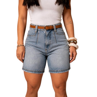 Short Pedalete Jeans Feminino Color Sem Lycra, Cintura Alta Botão diferenciado , Revesst Jeans.