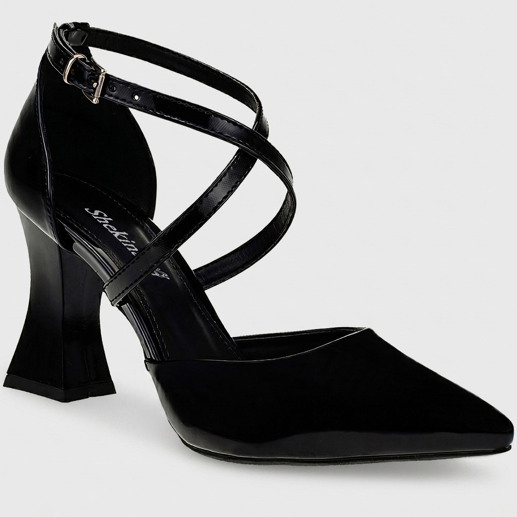 Scarpin Feminino Shekinah Bico Fino Salto Alto Geométrico Taça Tiras Cruzadas Moda