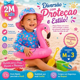 Kit Bebê Menina Blusa com Proteção solar UV+ Tapa Fralda (Calcinha do Biquine)e Chapéu Ideal para Praia e Piscina