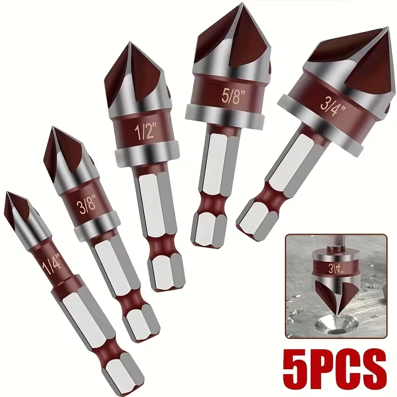 Conjunto 5 Brocas Escareadoras 82° Aço Rápido Hexagonal Metal Madeira Cimento
