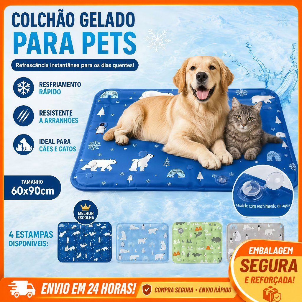 Tapete Pet Refrescante com Água 60x90cm para Cães e Gatos Resfriamento Rápido para Dias Quentes