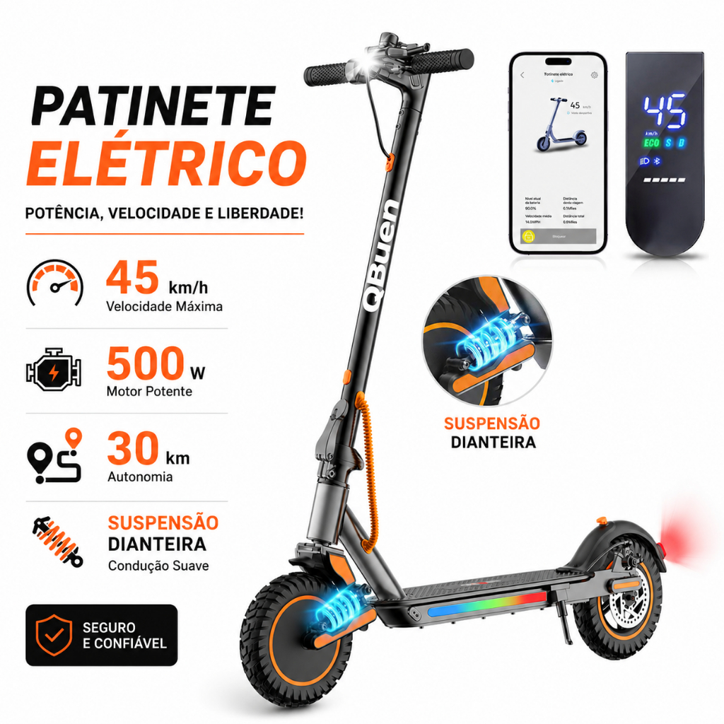 Patinete Elétrico 500W 40km/h Bluetooth, Suspensão, Freio Duplo, Bateria 10Ah, 30km, Dobrável 120kg