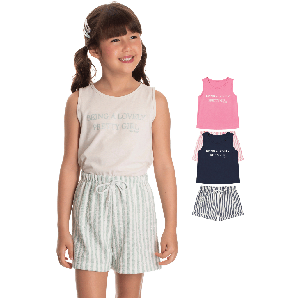 Conjunto Infantil Feminino Regata Algodão Bermuda Moletinho Ecológico Tamanhos 4 6 8
