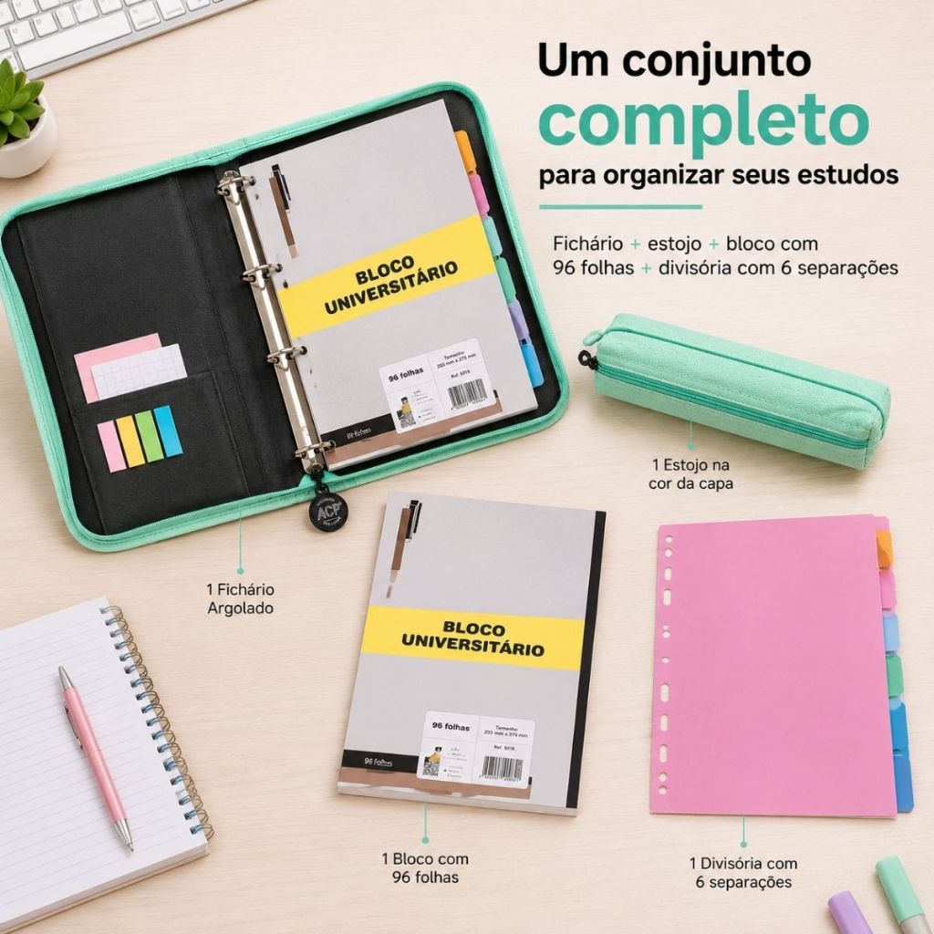 Fichário Com Ziper e Estojo Bloco 96 Folhas Argolado Escolar Grande Escritório Escola Universoitário — imagem 2 de 2