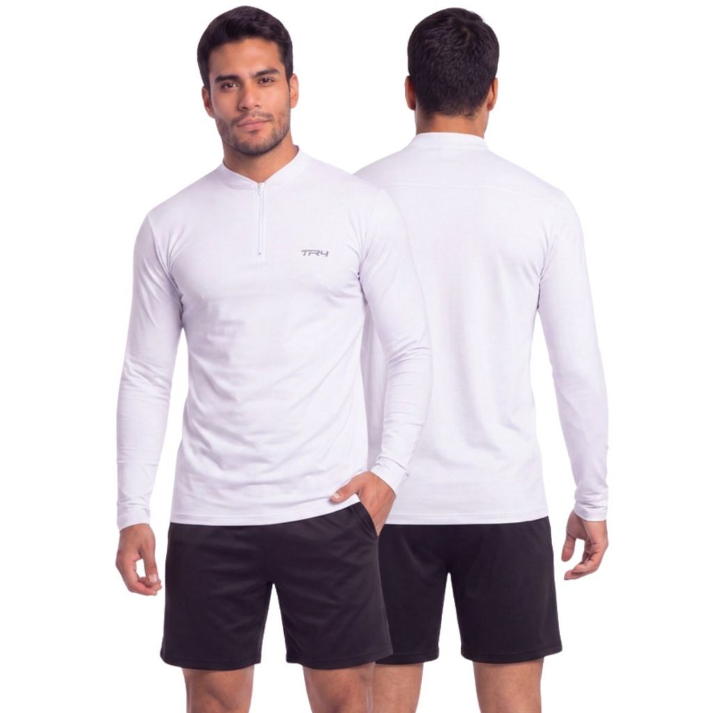 Camisa Masculina Manga Longa Ziper Proteção Solar UV Segunda Pele Corrida Academia Trilha